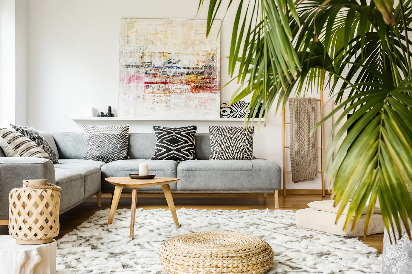 Large livingroom space with plants and gray couch